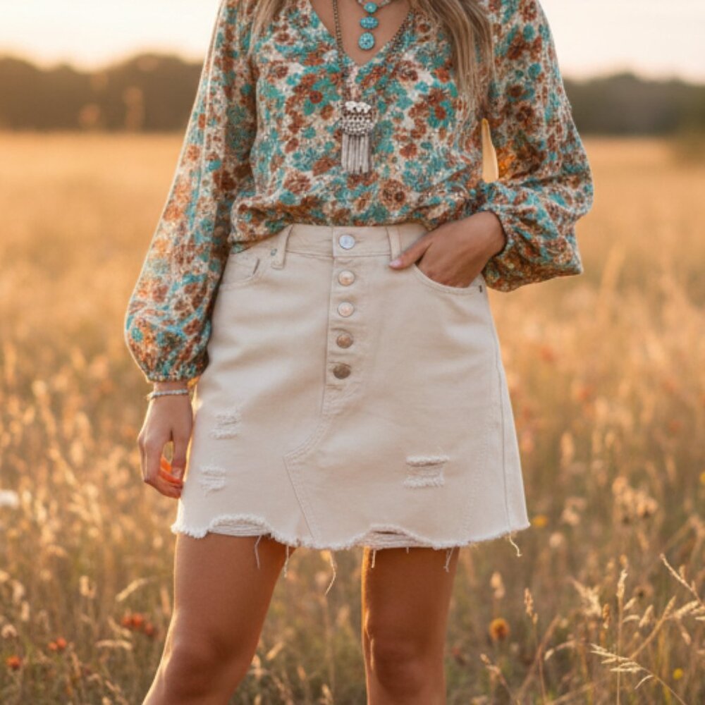 Free People 30 Jean Mini Skirt Cream Beige Distressed Button Denim Boho Casual